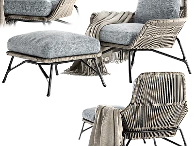 Gray Wicker Leisure Chair With Soft Cushion Ottoman And Cozy Blanket On Metal Legs 3d model