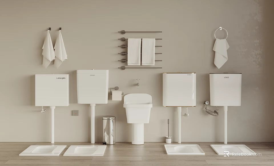 White Bathroom Fixtures Interior Toilets Sinks Towel Racks And Accessories 3d model 