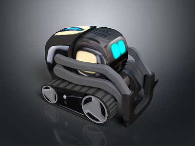 Game And Movie Robot Character With Tracked Wheels Blue Yellow Lights Compact Metallic Design 3d model