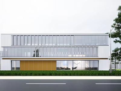 Modern Industrial Factory Building With Two Story Structure Large Glass Windows Yellow Entrance And Greenery 3d model