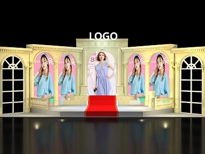 Event Stage Design With Red Carpet LOGO And Arched Windows Female Figures 3d model