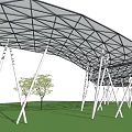Modern Pergola Design with Black Roof and White Pillars on Green Lawn and Small Trees