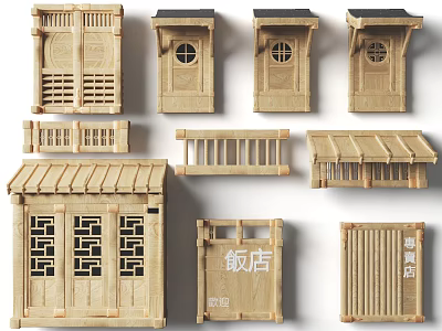 Wooden Chinese Style Architectural Models With Doors Windows Roofs And Restaurant Signs 3d model