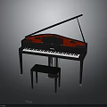 Elegant Black Grand Piano With Red Interior And Wooden Stool Design