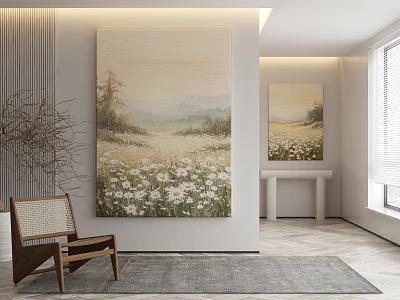 Modern Room Decor With Large Daisy Field Painting Wooden Chair And Gray Rug 3d model