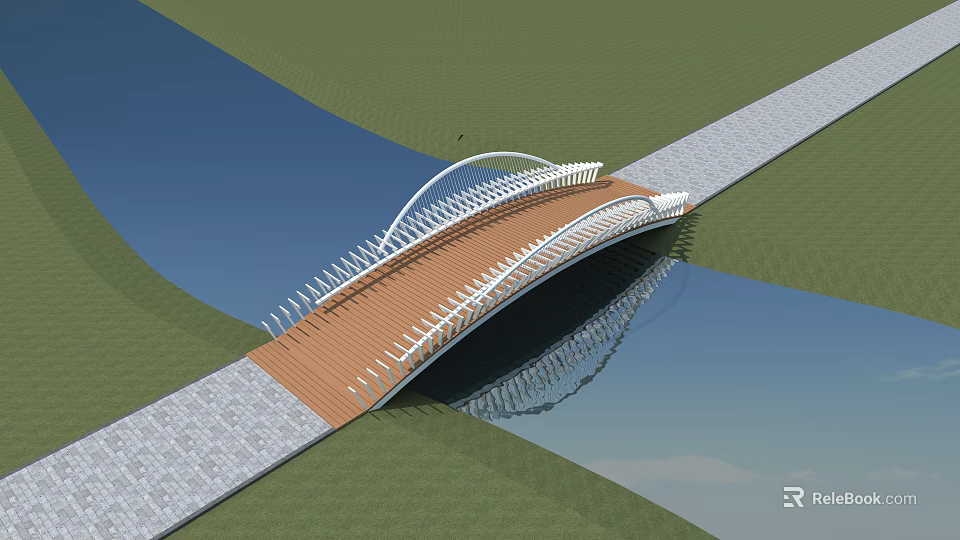 Arched Modern White Bridge With Wooden Deck Over Water And Green Grass 3d model 