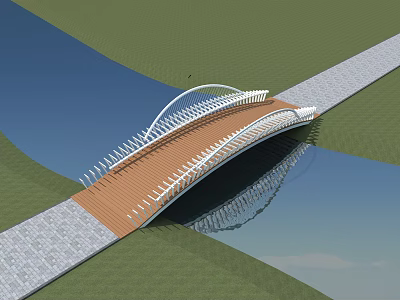 Arched Modern White Bridge With Wooden Deck Over Water And Green Grass 3d model