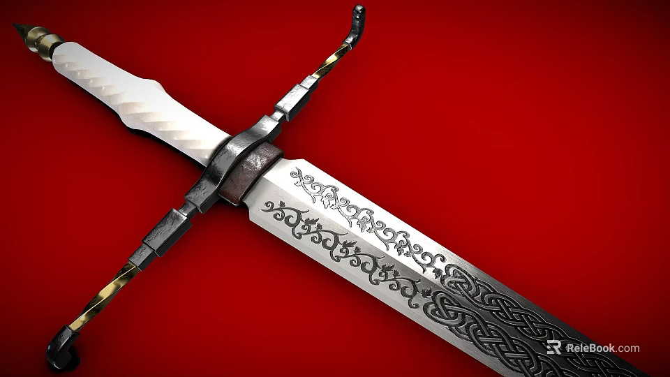Crossed Decorative Sword and Bow with Intricate Patterns on Red Background 3d model 