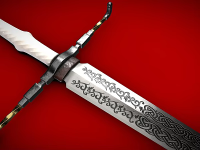 Crossed Decorative Sword and Bow with Intricate Patterns on Red Background 3d model