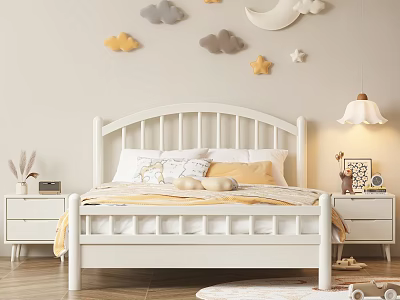 Cozy Kids Room With White Bed Cloud Moon Star Wall Decor And Yellow Bedding 3d model