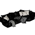 Modern Black Leather Sectional Sofa with White Cushions and Throw Blankets 3d model