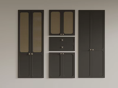 Modern Dark Wardrobe Doors With Grid Inserts And Metal Handles 3d model