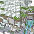 Modern Commercial Street With High Rise Buildings Lush Green Spaces And Water Features