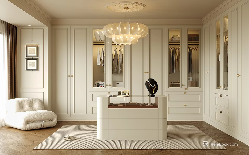 Elegant Modern Walk in Closet with White Cabinetry Glass Doors Central Vanity and Chandelier 3d model 