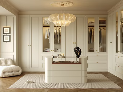 Elegant Modern Walk in Closet with White Cabinetry Glass Doors Central Vanity and Chandelier 3d model