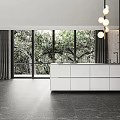 Modern Kitchen Interior Design With White Cabinets Black Wall Hanging Lights And Greenery View
