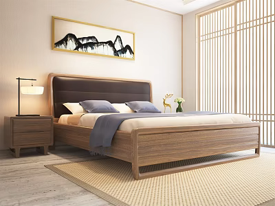 Modern Wooden Double Bed with Dark Headboard Gray Pillows Nightstand and Landscape Painting 3d model