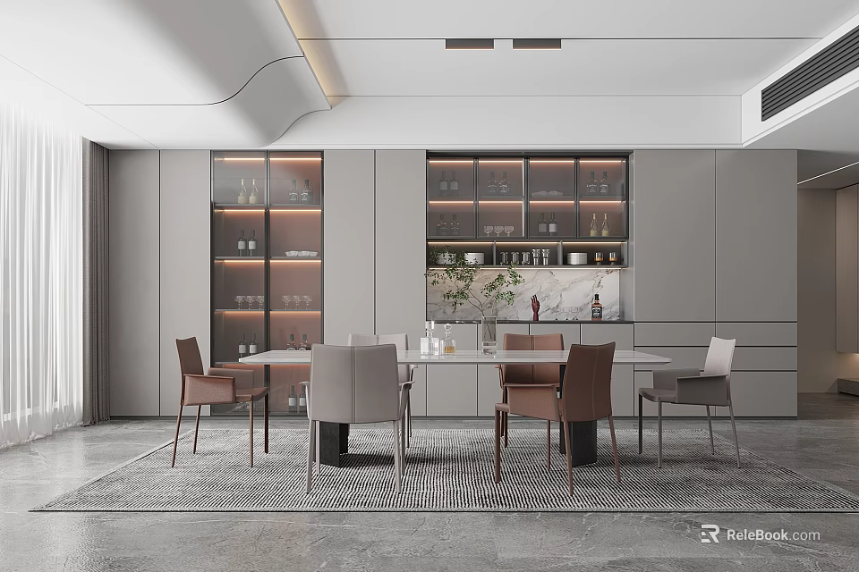 Luxurious Modern Dining Room Interior With Rectangular Dining Table Comfortable Chairs And Glass Wine Cabinets 3d model