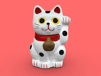 Decorative Ornament Set With White Maneki Neko Black Spots Red Scarf Yellow Eyes Raising Paw 3d model