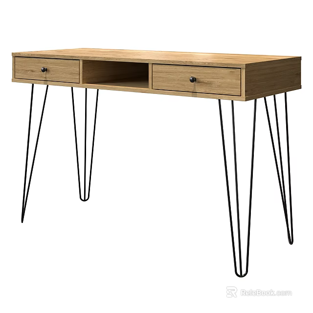 Modern Wooden Desk With Two Drawers And Black Metal Hairpin Legs Design 3d model 