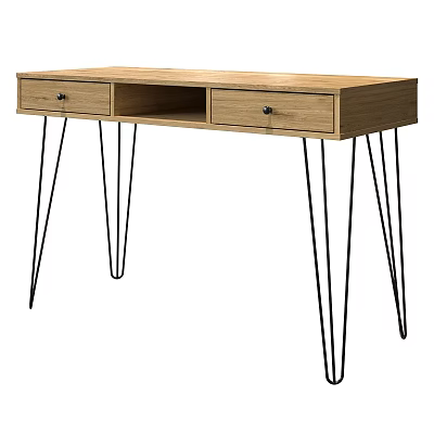 Modern Wooden Desk With Two Drawers And Black Metal Hairpin Legs Design 3d model