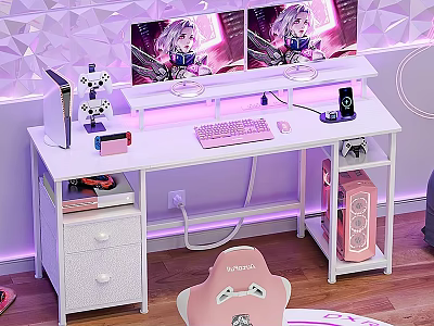 White Gaming Desk With Dual Monitors Anime Character Displays Pink Accents And Purple Ambient Lighting 3d model