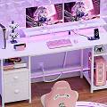 White Gaming Desk With Dual Monitors Anime Character Displays Pink Accents And Purple Ambient Lighting