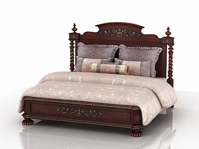 Dark Wood Double Bed With Carved Headboard Pillars And Multiple Light Patterned Quilt Pillows 3d model