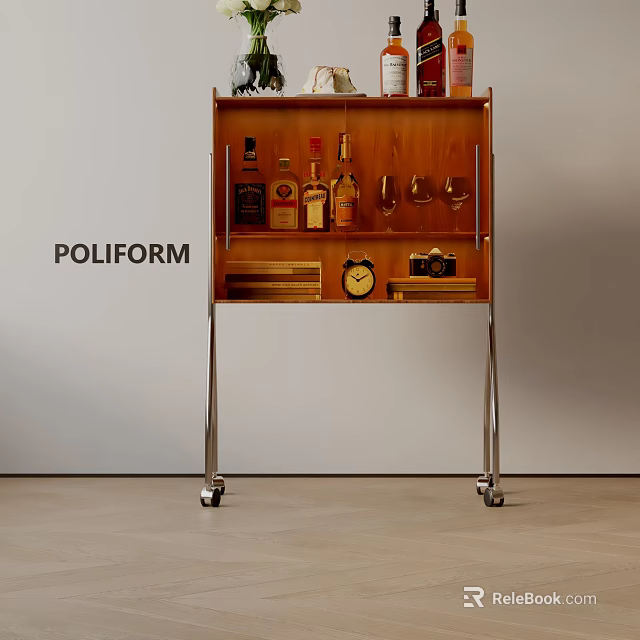 Poliform Storage Cabinet with Bottles Glasses and Clock on Metal Legs with Wheels 3d model 