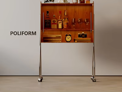 Poliform Storage Cabinet with Bottles Glasses and Clock on Metal Legs with Wheels 3d model
