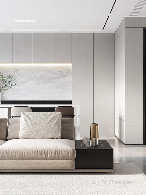 Modern Living Dining Room Interior With Open Concept Sofa Dining Table And Marble Wall 3d model 