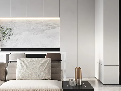 Modern Living Dining Room Interior With Open Concept Sofa Dining Table And Marble Wall 3d model