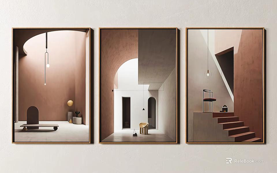 Modern Style Decorative Paintings With Interior Scenes Arch Elements And Soft Tones 3d model