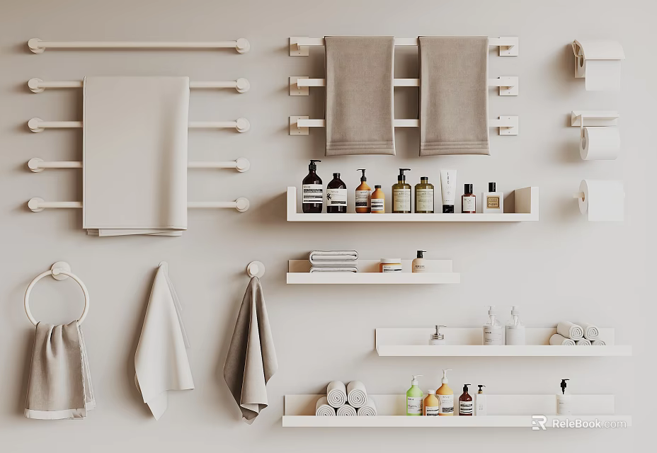 Bathroom With Various Towels And Organized Shelves 3d model 