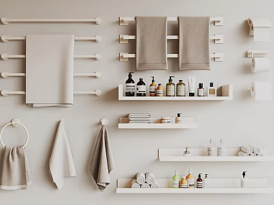 Bathroom With Various Towels And Organized Shelves 3d model