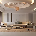 Warm Modern Minimalist Living Room With Unique Circular Ceiling And Comfortable Full Interior Design