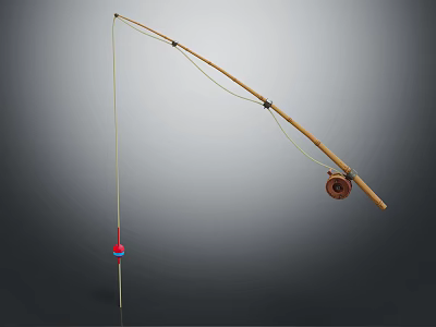Traditional Wooden Fishing Rod With Red Float Line And Reel 3d model