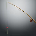 Traditional Wooden Fishing Rod With Red Float Line And Reel