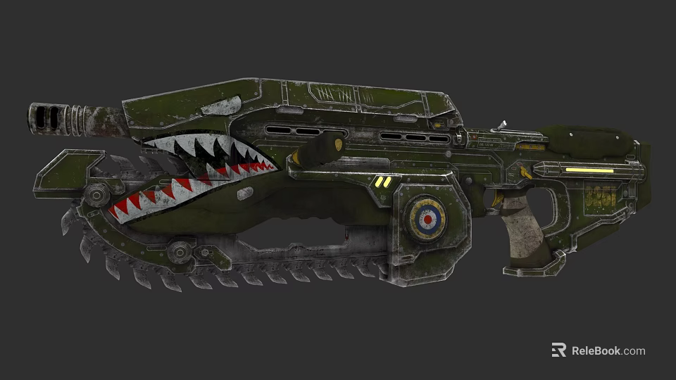 Green Mechanical Gun With Shark Mouth Design And Metallic Emblem Details 3d model 
