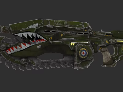 Green Mechanical Gun With Shark Mouth Design And Metallic Emblem Details 3d model