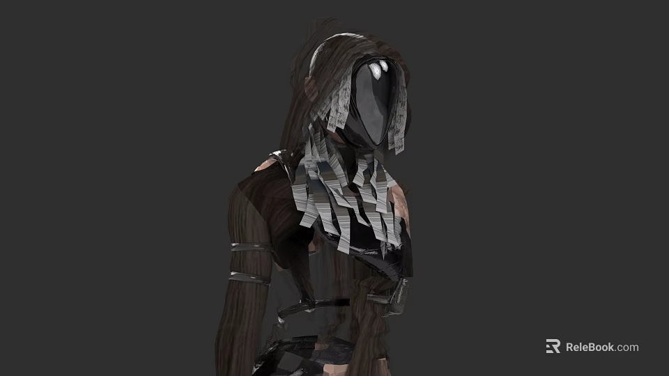 Woman In Dark Hooded Outfit With Metal Leather Elements And Mask Like Face 3d model 