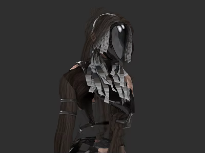 Woman In Dark Hooded Outfit With Metal Leather Elements And Mask Like Face 3d model