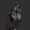 Woman In Dark Hooded Outfit With Metal Leather Elements And Mask Like Face