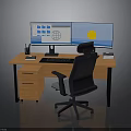 Modern Office Workstation With Wooden Desk Dual Monitors And Ergonomic Chair