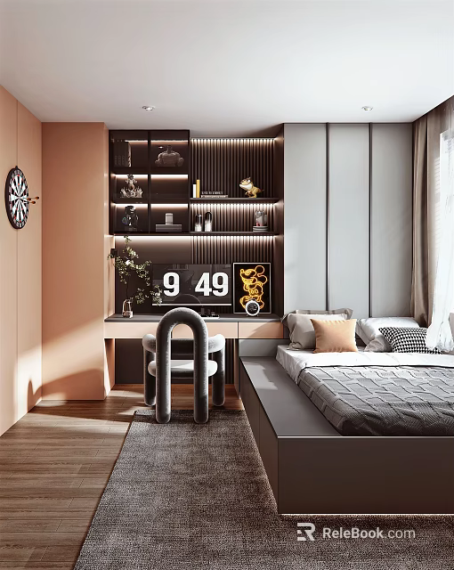 Modern Tatami Bedroom Interior With Bed Desk Chair Decorative Shelves And Warm Lighting 3d model 