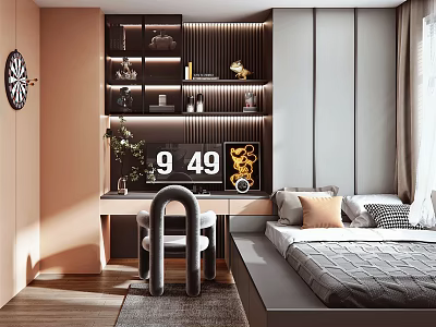Modern Tatami Bedroom Interior With Bed Desk Chair Decorative Shelves And Warm Lighting 3d model