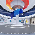 Modern Exhibition Hall With Spiral Column Red Blue White Display Screens And Person Taking