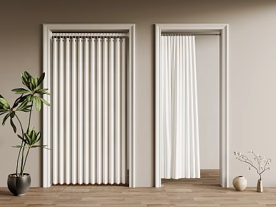White Folding And Curtain Doors Interior With Light Brown Wall Wooden Floor Green Plant Decorations 3d model