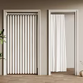 White Folding And Curtain Doors Interior With Light Brown Wall Wooden Floor Green Plant Decorations