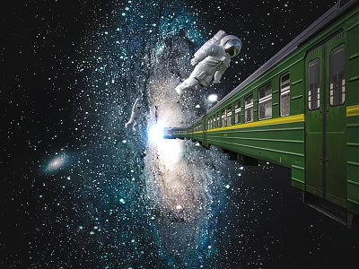Cartoon Scene Of Green Train With Astronaut In Starry Space And Shining Nebula 3d model
